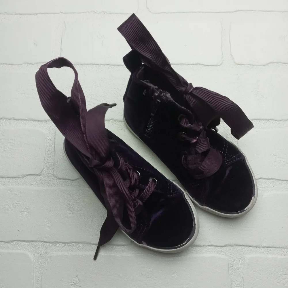 Cat & Jack girls size 8 dark purple velour uppers hi-top ribbon tie lace shoes